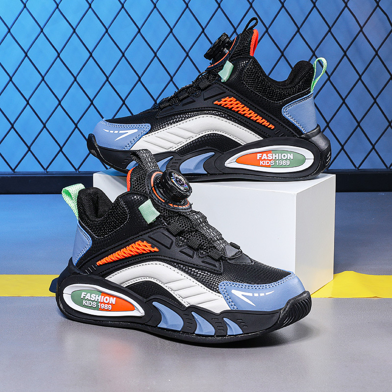 Boys' Sports Shoes 2024 New Rotating Button Leather Waterproof Non-Slip Wear-Resistant Popular Running Shoes for Primary and Secondary School Students