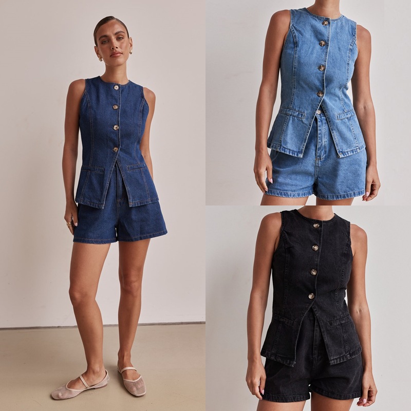 2025 Spring and Summer New Amazon Independent Station European and American Fashion Sleeveless Waist High Waist Loose Denim Shorts suit