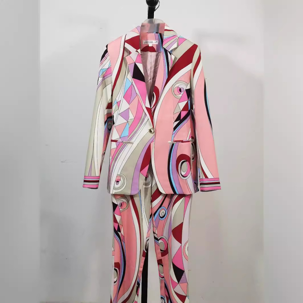 Picture of Guo'Er Spring and Autumn Quality Slim-Fit Women's Pants Suit European and American Cotton Print Elegant Pink One-Button V-Neck Suit Set