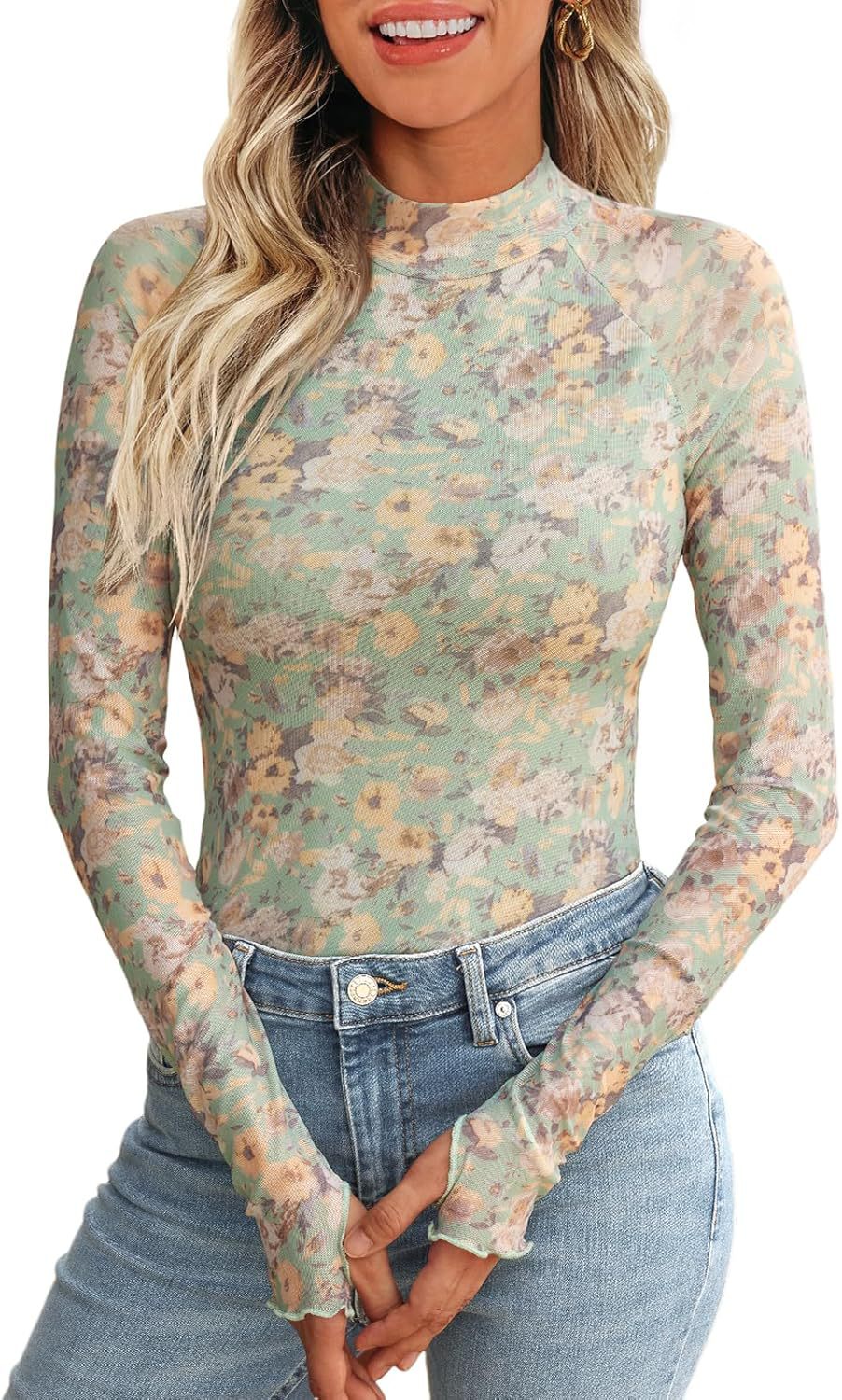 Picture of Cross-border European and American Amazon TK2025 Explosions Turtleneck Long Sleeve Lace Flower Mesh Base Shirt T-shirt for Women