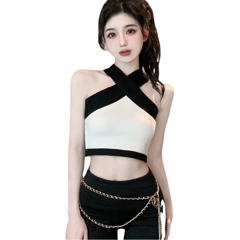 Pure Desire Chic Sweet Spice Girl Sexy Short Neck Vest Women's Outer Wear Contrast Color Navel Sleeveless Top Women's Ins Trendy