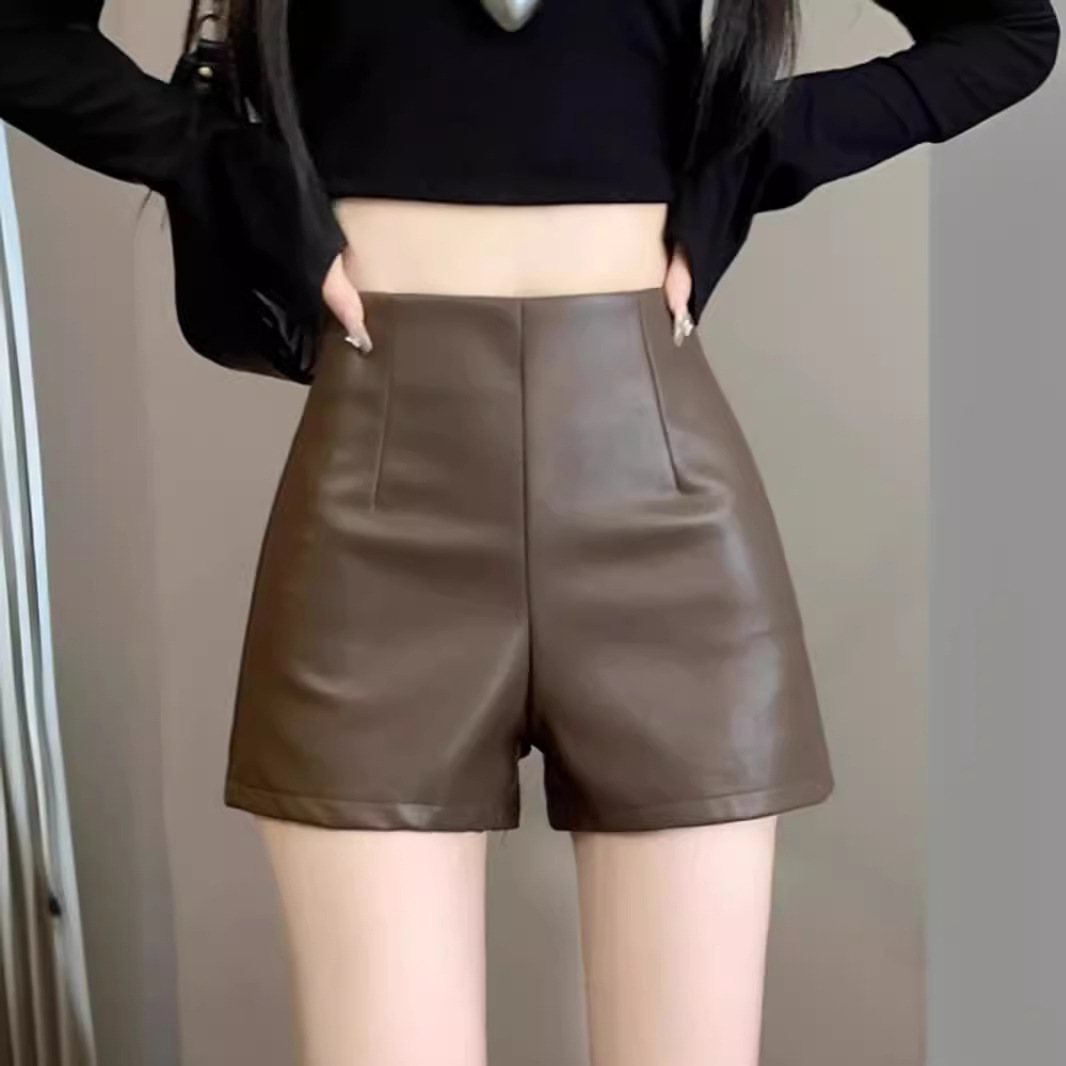 PU Leather Black Shorts Women's 2025 Autumn and Winter New Slim Korean Style A- Shaped Pants Small High Waist Slim Boots Pants