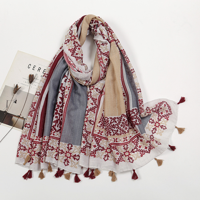 Picture of New Artistic Fresh Cotton and Linen Retro Tassel Scarf Women's Printed Beautiful Silk Scarf Japanese Sunscreen Shawl