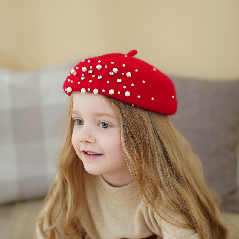 Children's Baby Pearl Beret Girls' Princess Hat Pumpkin Hat Little Girl's Dome Wool Bud Hat