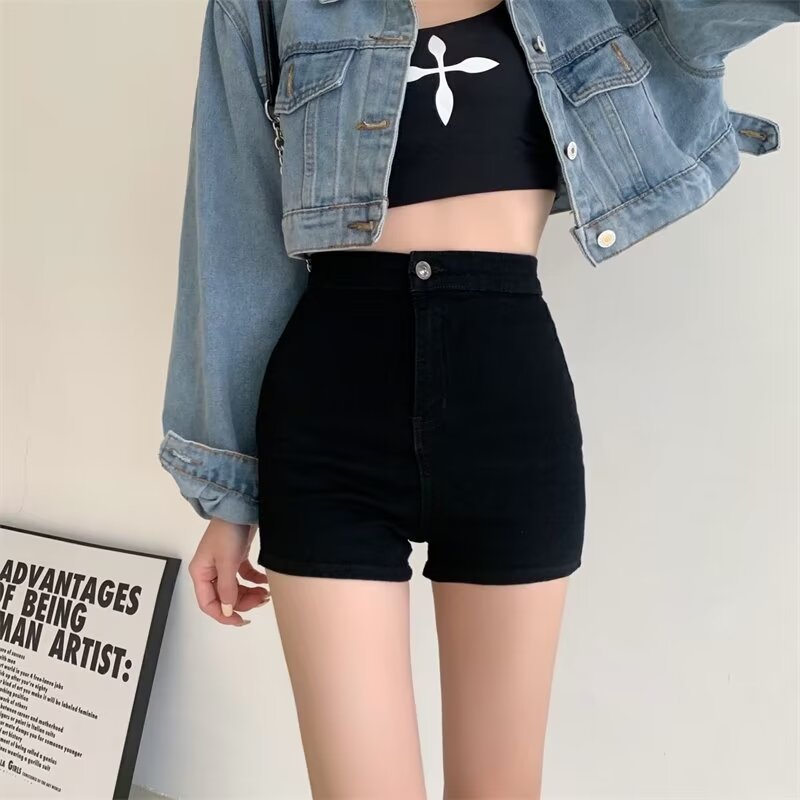 Picture of Black A- word Denim Shorts Women's Summer Spice Girls Stretch High Waist Slim Look Small Hot Pants Straight-leg Wide-leg Pants