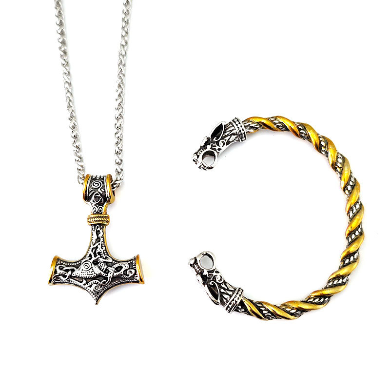 Picture of European and American Cross-border Explosions Viking Retro Rune Hammer Necklace Wolf Head Bracelet Viking suit Jewelry Accessories Wholesale
