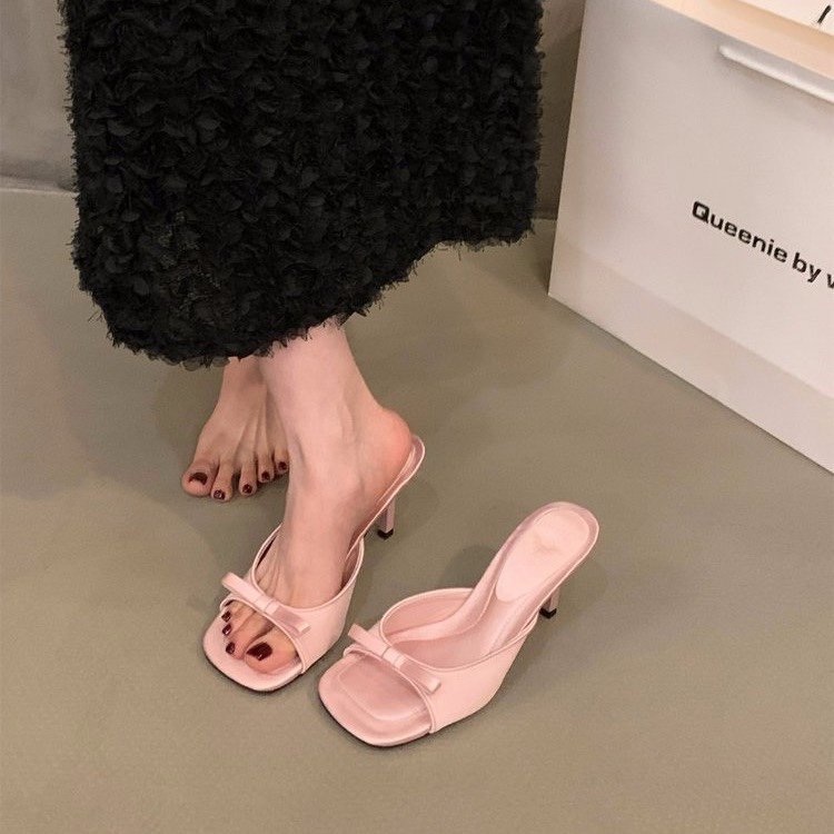 2024 Summer New Square Head Fairy Bow High Heel Slippers Thin Heel Strip Wear Sandals Women's Elegant