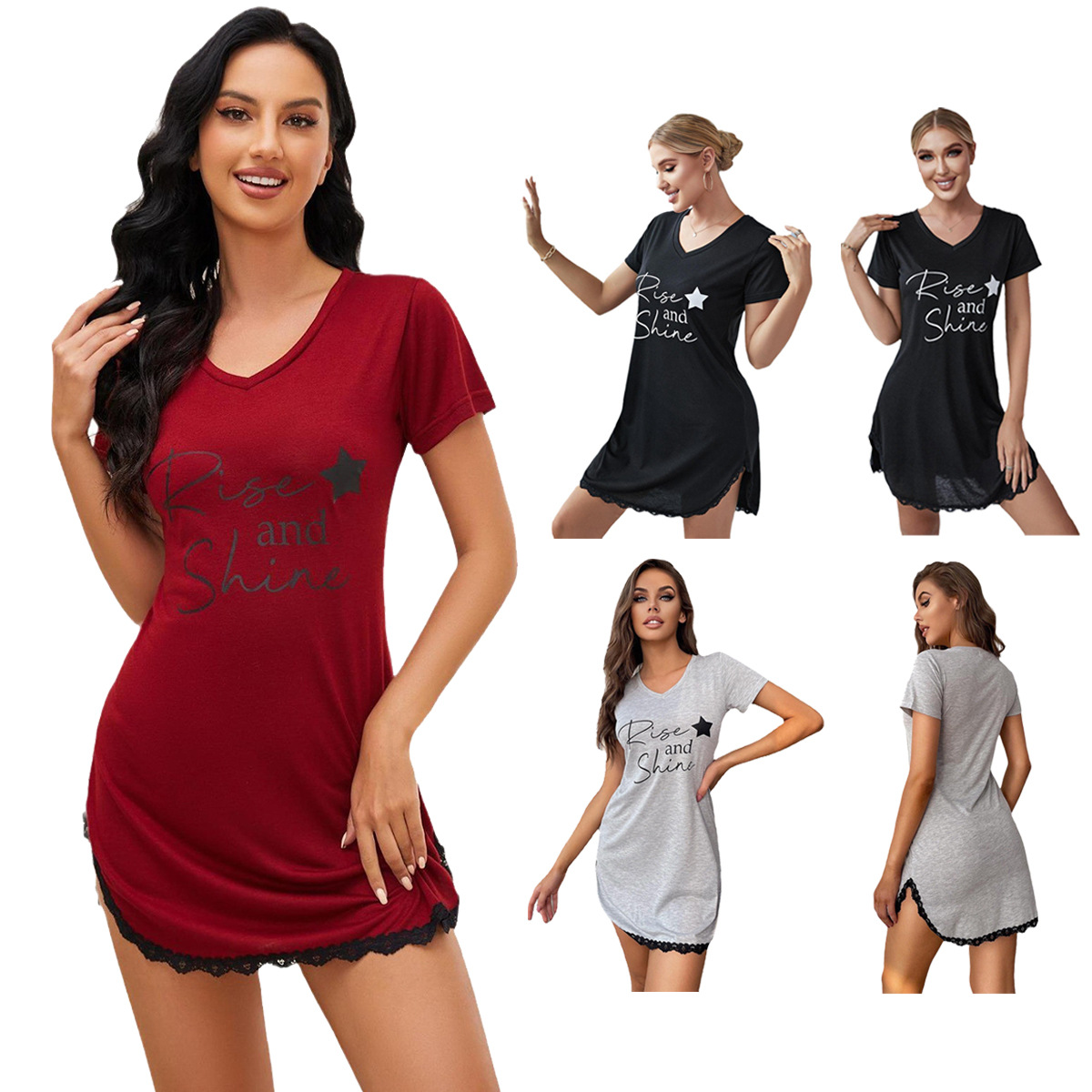 European and American Cross-Border Women's Home Pajamas Summer Thin Short-Sleeved V Neck Sexy Pure Desire Nightgown Women's Export Amazon