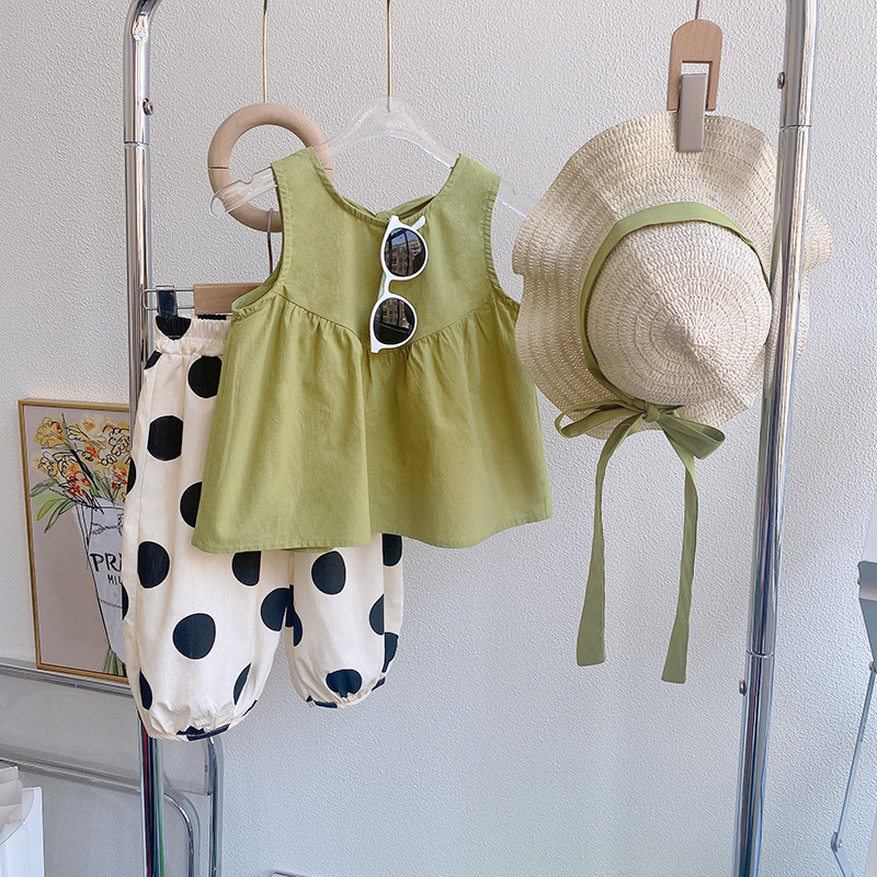6520 girl suit 2023 new summer Korean style women's treasure vest + polka dot shorts two-piece set for children