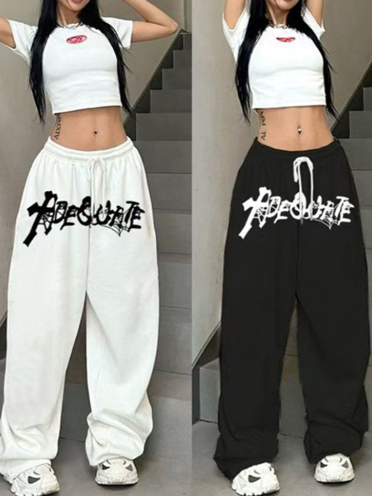 New American-Style White Hip-Hop Jazz Dance High-Waisted Loose Straight Wide-Leg Drawstring Sports Fashion Pants