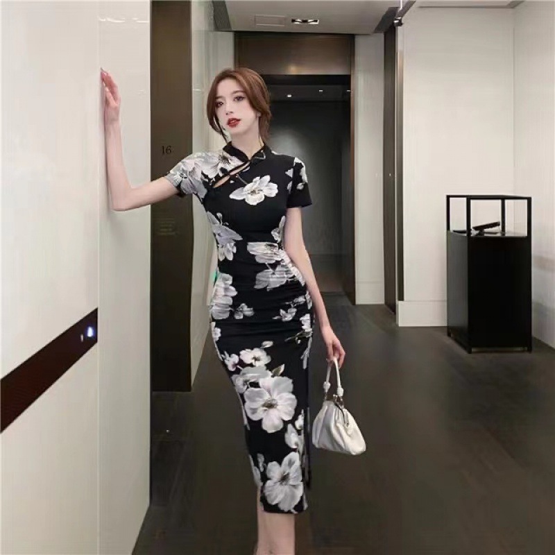 2024 Vintage National Fashion Printed Modified Cheongsam High Split Daily Hip Wrinkle Waist Mid-length dress