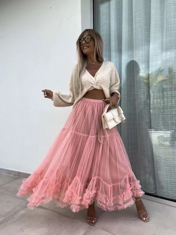 Cross-Border European and American Large-Swing Design Mesh Skirt 2025 New High-Waist Slimming Look Draped Elegant Tutu Skirt