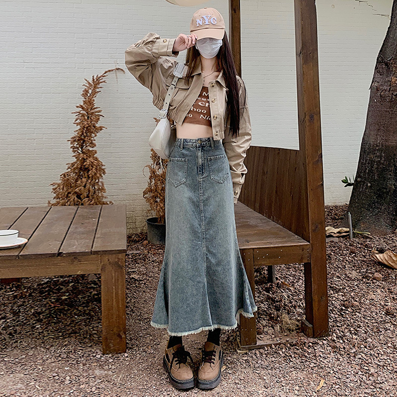Retro mid-length fishtail skirt denim skirt women's burr high waist slimming A- line skirt covering hip long skirt