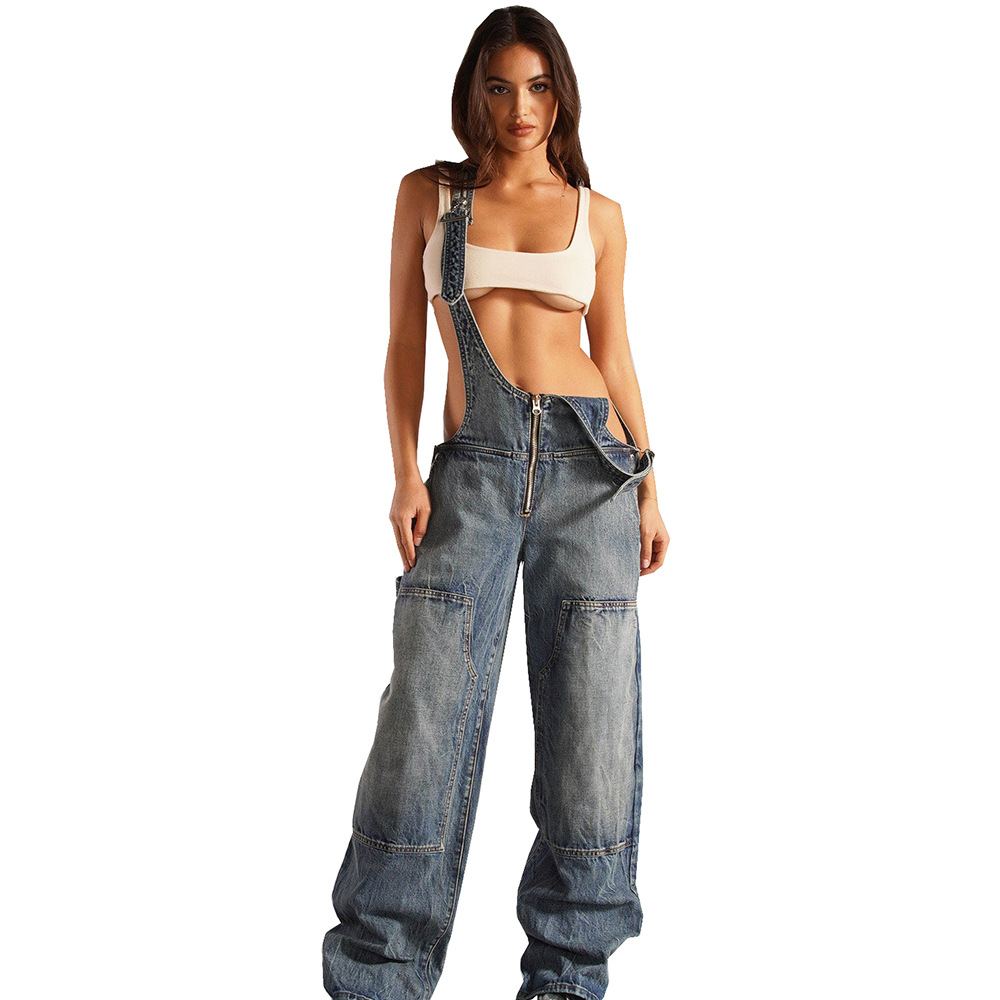 Picture of Women's Denim Jumpsuit Amazon Cross-Border Women's Street Multi-Pocket Overalls Loose Waist Straight Pants