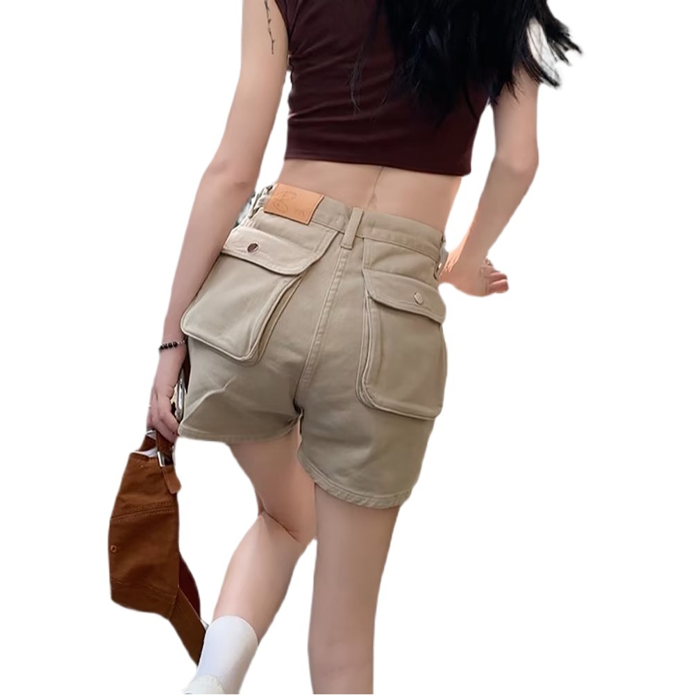 Khaki Denim Tooling Shorts Women's Summer Thin High Waist Slimming Large Pocket American Sweet and Spicy Loose a-Shaped Hot Pants