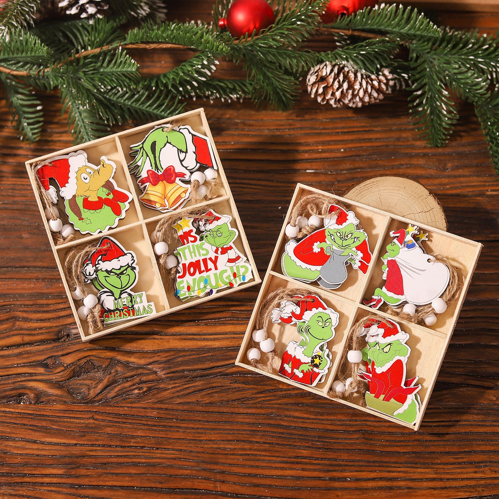 Cross-border new Christmas decorations wooden Grinch 12PCs Christmas tree pendant scene decoration supplies