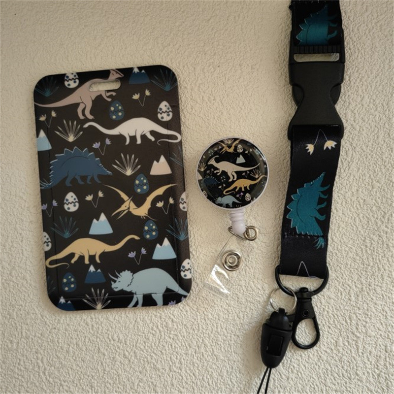 Picture of dinosaur polyester removable lanyard uv double-sided printing card sleeve retractable easy pull buckle printable logo