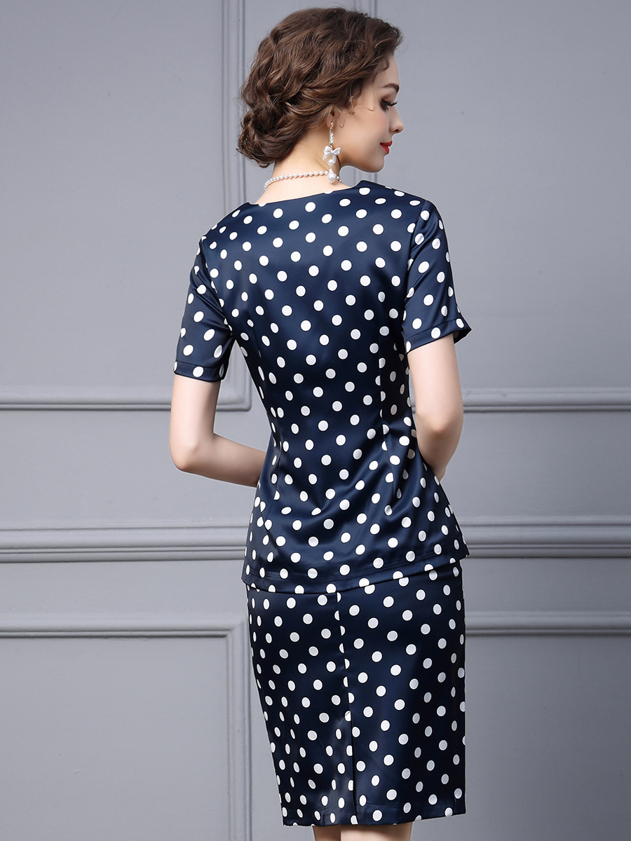 Picture of Zhili 2025 New Summer Suit for Women, Fashionable and Gentle Style, Polka Dot Round Neck, Short Suit, Hip-Covering Skirt, Two-Piece Set