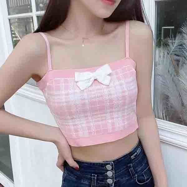 Picture of Princess Bow Plaid Small Camisole Women's 2023 Summer New Sweet Pure Desire Bottoming Top