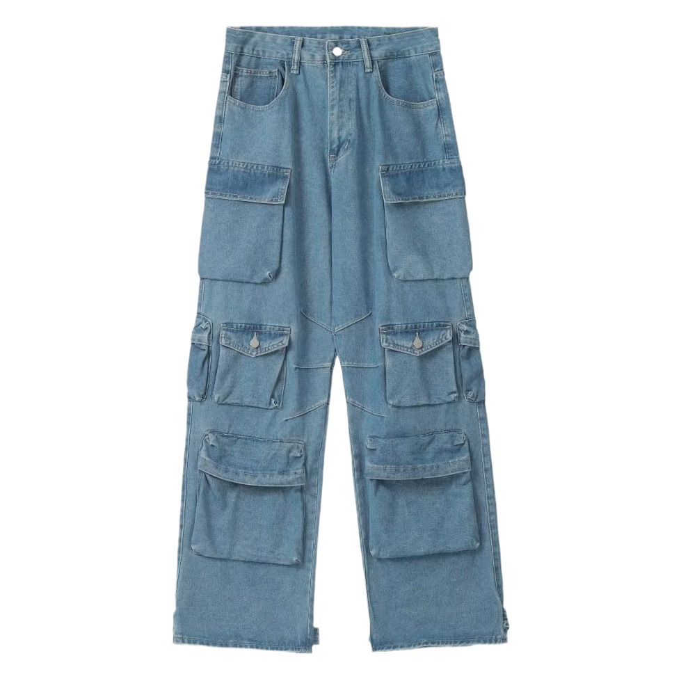 American street retro workwear jeans women's design multi-pocket loose straight all-match High Street workwear trousers