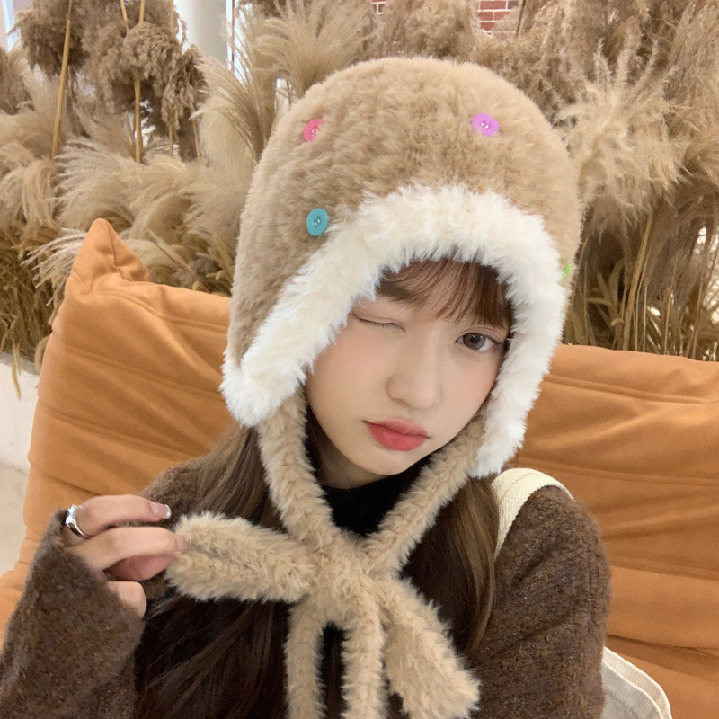 Picture of Autumn and Winter New fleece-lined Furry Lei Feng Hat Women's Bib Hat One-piece Cap Thickened Bear Ear Cap