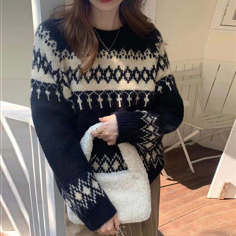 Spot New Atmosphere French Fair Isle Contrast Color Long-Sleeved Pullover Jacquard Knitted Sweater for Women
