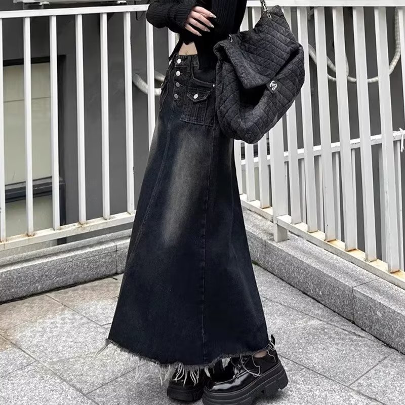 Design Sense Denim Skirt Girl's Summer Long Dress A- line High Waist Retro Umbrella Skirt Mid-length Skirt Ins