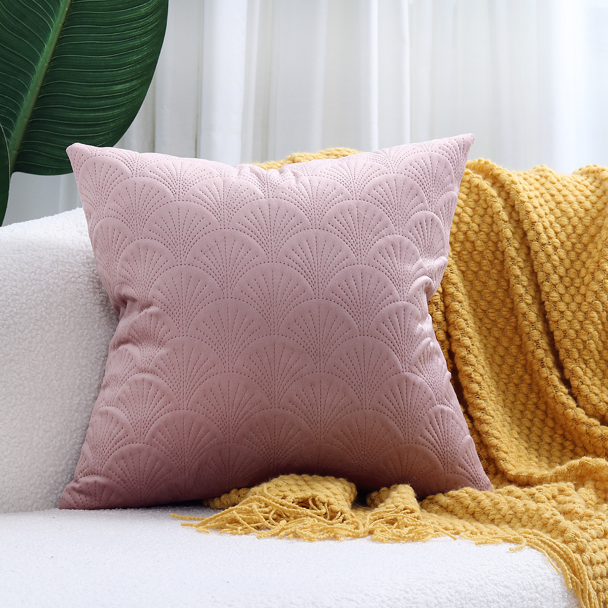 Picture of Scandinavian Style Ginkgo Leaf Sofa Pillowcase Living Room Decoration Pure Color Velvet Back Cushion Cover, Home Bedside Cushion