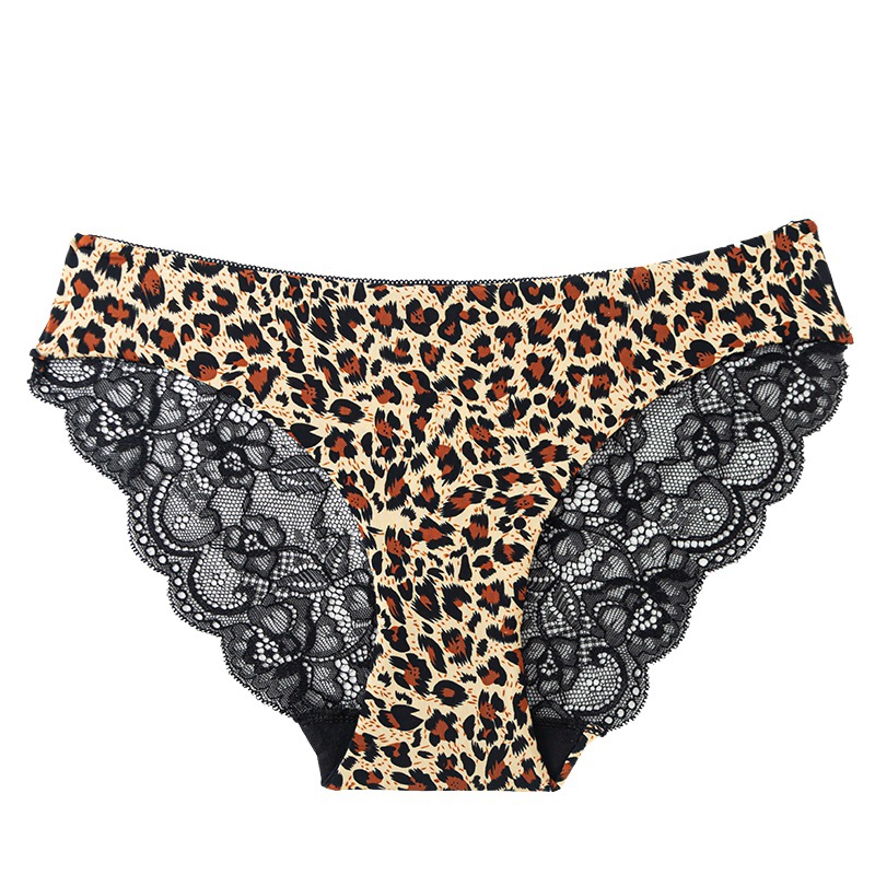Lace Sexy Seamless Ice Silk Underwear Women's Leopard Print Extra Hot Cross Belt Mid-Waist Hip Briefs Lace Cotton Crotch