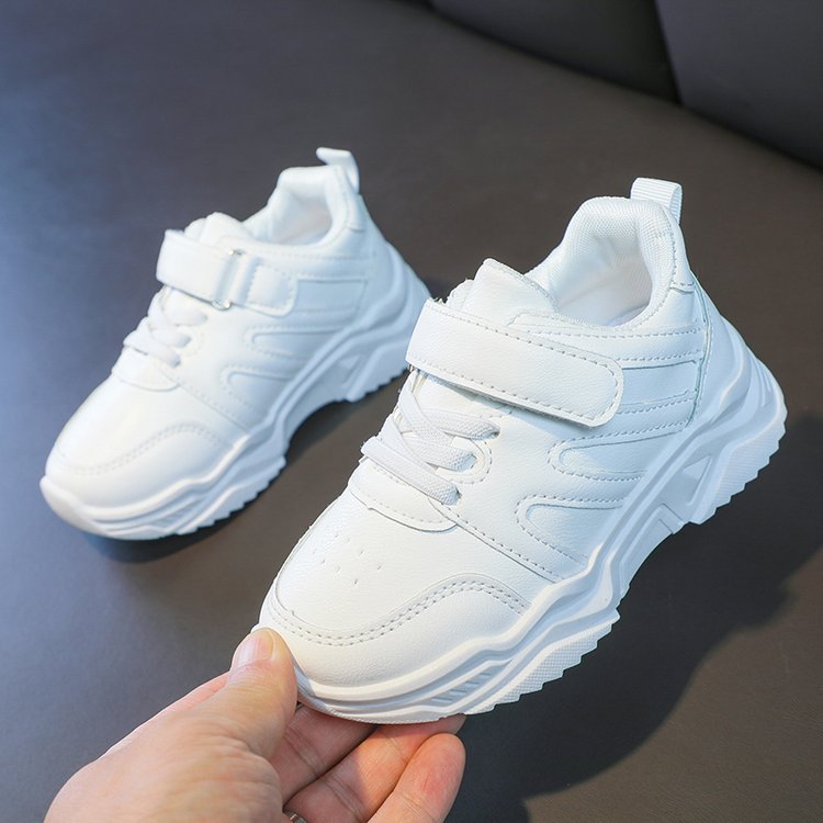 Children's White Shoes 2025 Spring and Autumn New Boys' White Wave Shoes Girls' Leather Soft Sole Non-slip Student sneaker