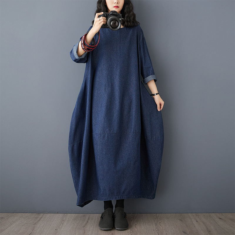 plus size Women's Retro Long-sleeved Denim dress Early Spring New Artistic Loose Casual Belly Covering Slimming Long Dress