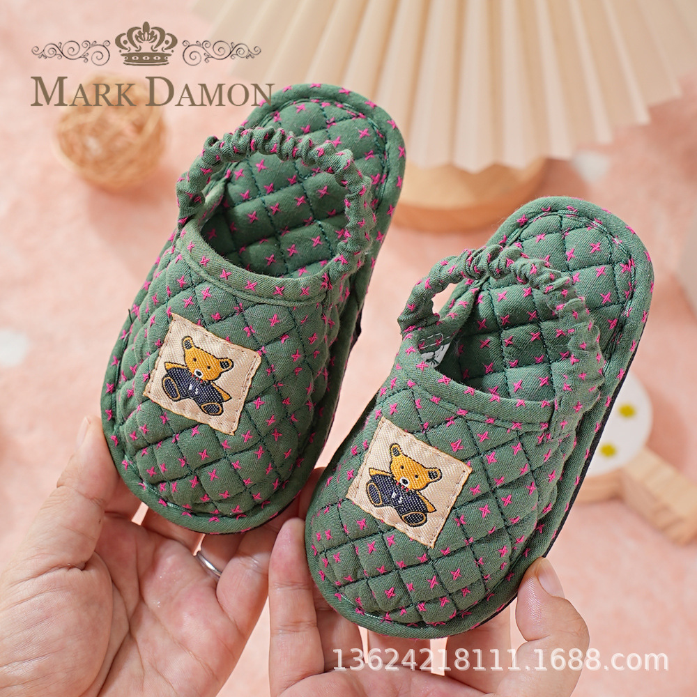 Foreign Trade Kidsren's Baotou Pure Cotton Fabric Home 1-2-3 Year Old Baby Toddler Shoes Soft Silent Non-Slip Home Slippers