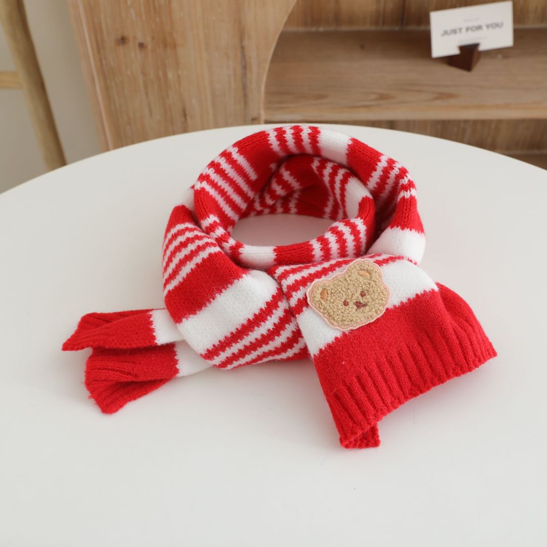 Picture of Children's Woolen Scarf Korean Style Color-Blocked Stripesd Knitted Embroidered Korean Bear Cute Woolen Scarf for Boys and Girls