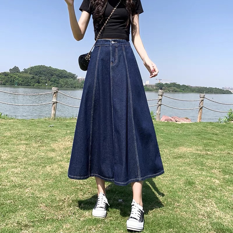 Skirt Women's Long Skirt 2023 New Spring Mid-Length Denim Skirt Pleated High Waist Easiest for Match Slim A-Line Umbrella Skirt
