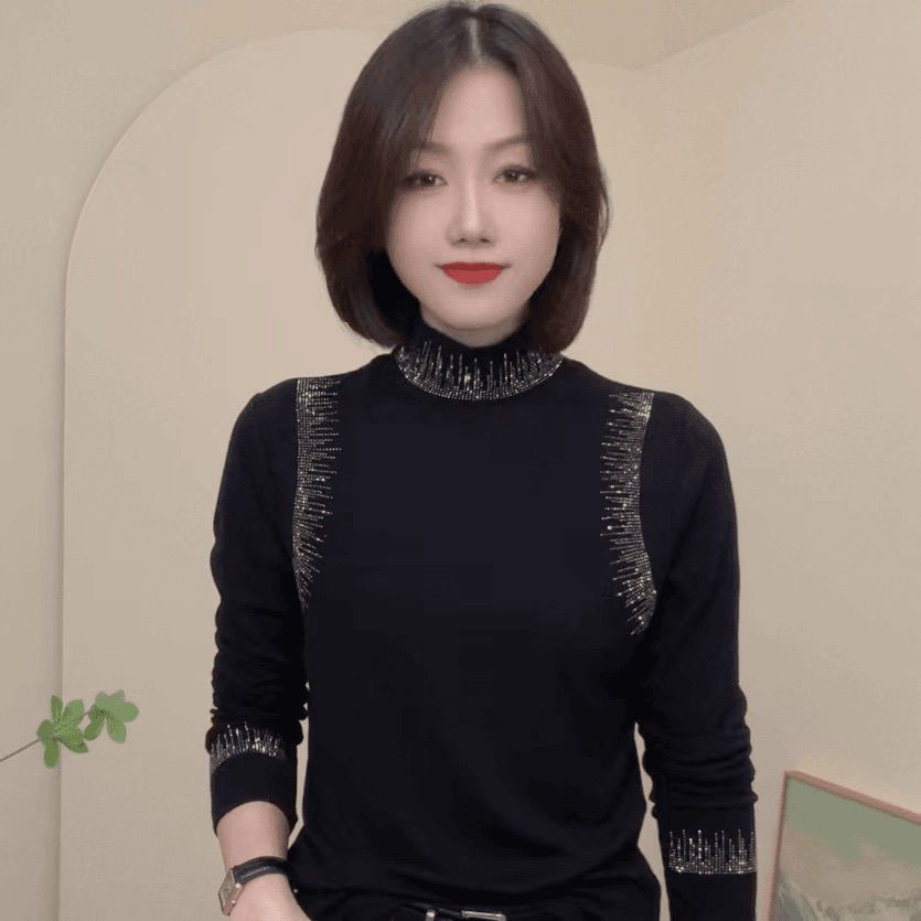 Picture of Trendy Autumn and Winter New Half-High Collar German Velvet Elegant Long-Sleeve T-Shirt Solid Color Versatile Design Fashion Base Layer