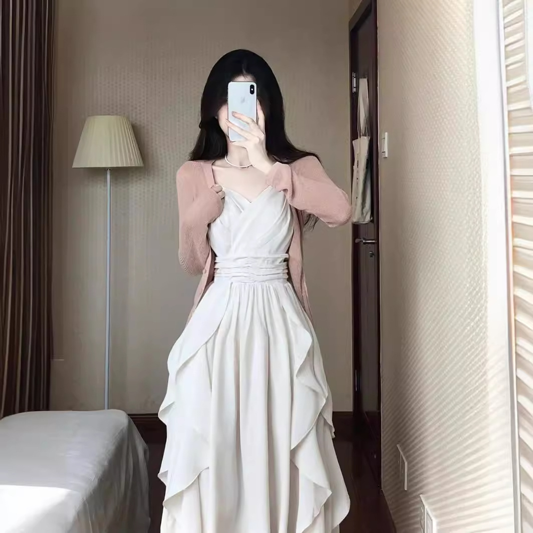 Spring and Autumn New Suit 2024 New Sunscreen Cardigan Ruffled Waist Slip Skirt Two-piece Set