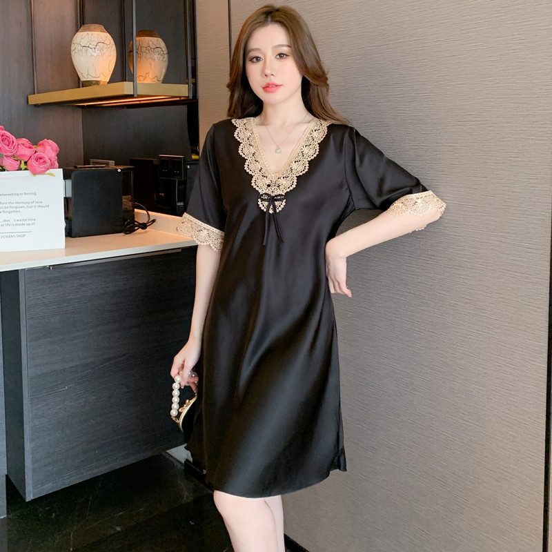 Spot Wholesale 2025 Spring and Summer New Silk Nightgown Sexy Lace High-Density Satin Pajamas Home Clothes