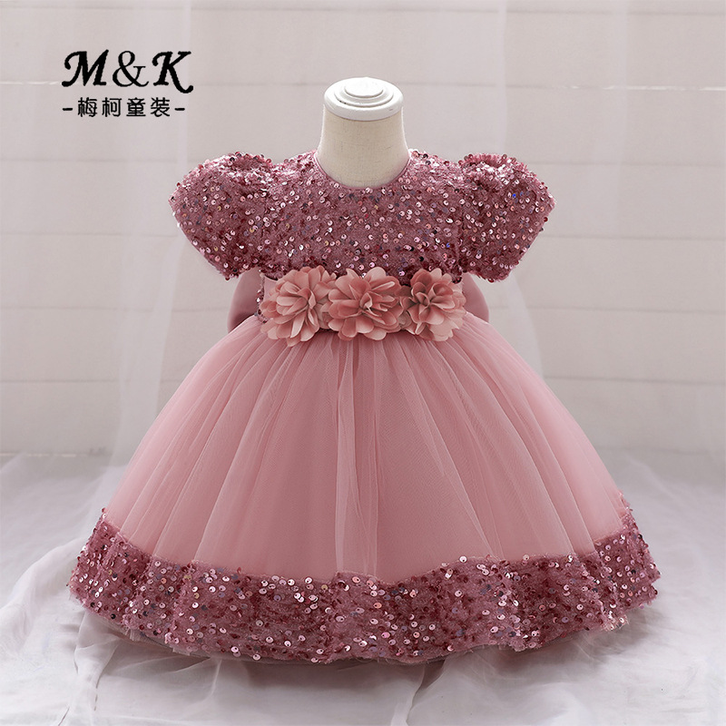 Girls dress dress princess children's dress 2024 new short sleeve sequins puffy skirt children's dress cross-border wholesale