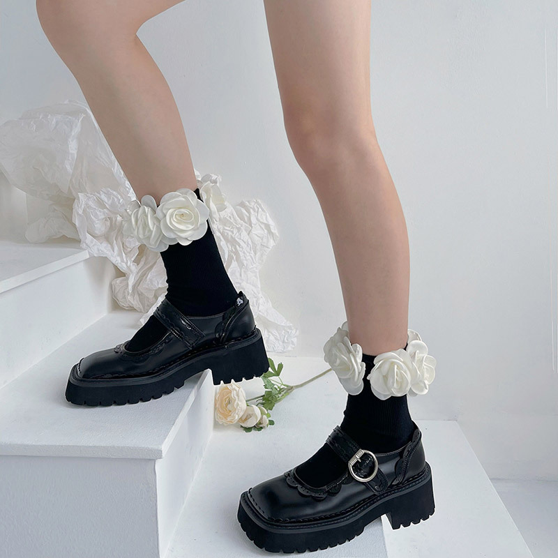 French Style Elegant Camellia Cotton Socks Lolita Girls Cute Vertical Stacks Stacks Instagram Style Autumn and Winter Lace Socks