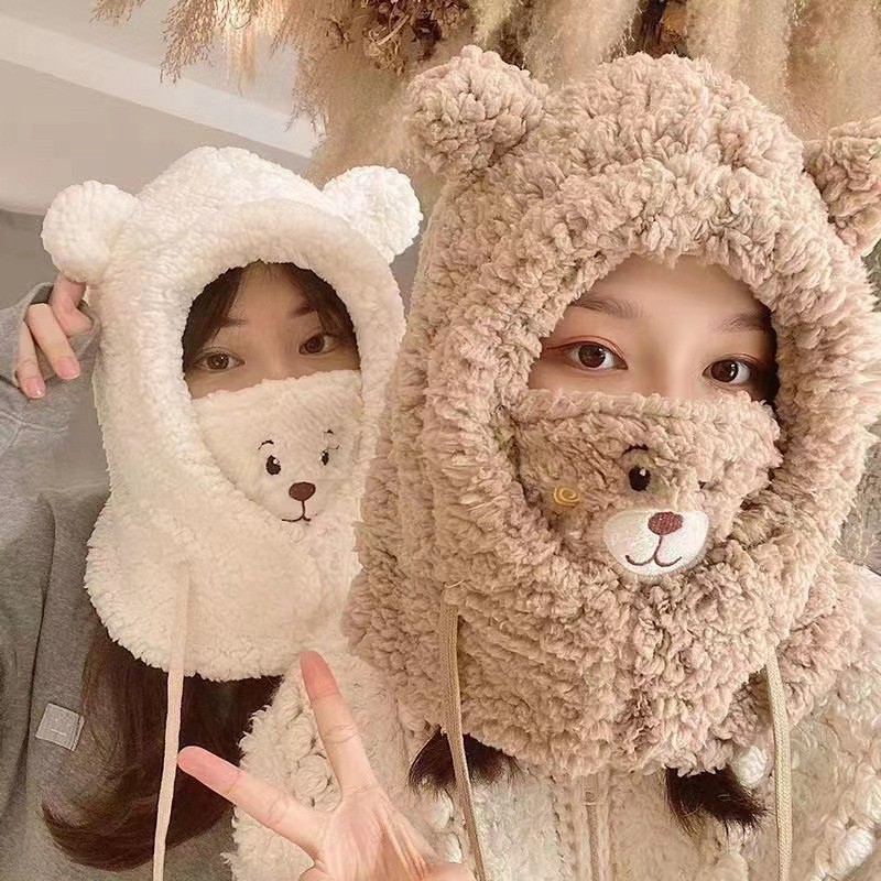 Picture of Autumn and Winter Hat New Cute Warm Mask Bear Hat Integrated Neck Scarf Gloves Popular Versatile Plush Four-In-One