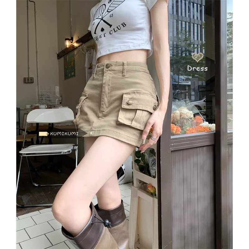 khaki Tooling Denim Skirt Women's American Style Retro High Waist A- Line Skirt Hot Girls Anti-walking Sheath Skirt Pants