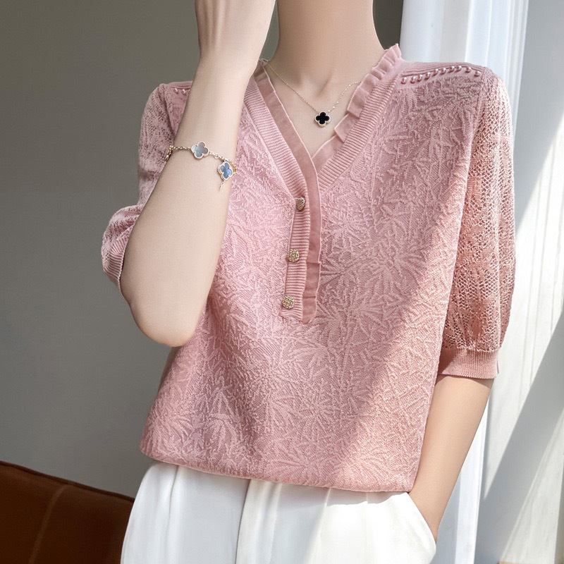 Picture of French Crochet Cut Out V Neck Beading Design Ice Silk Knitted Short-Sleeved T-Shirt for Women Casual Loose Versatile Top