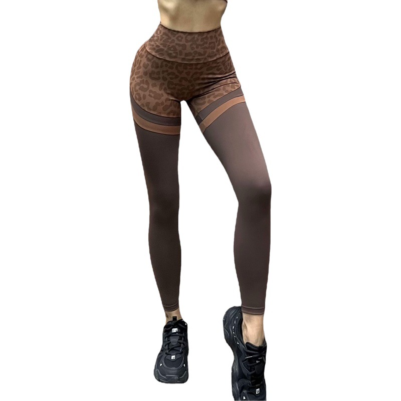 European and American Leopard Print Stitching Fitness Yoga Tight Pants Women's Sexy Stretch Breathable Seamless High Waist Hip Quick-drying