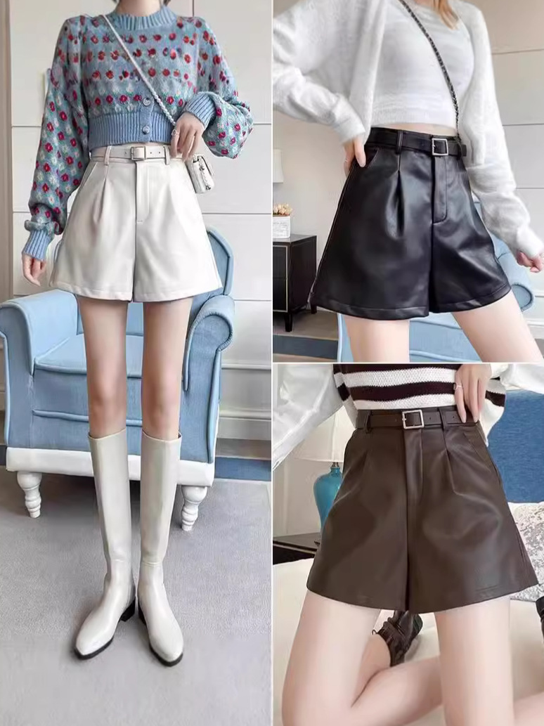 Black PU Leather Shorts Women's 2024 Autumn and Winter New Casual Shorts Design Sense High Waist Slimming Wide Leg Base Boots Pants