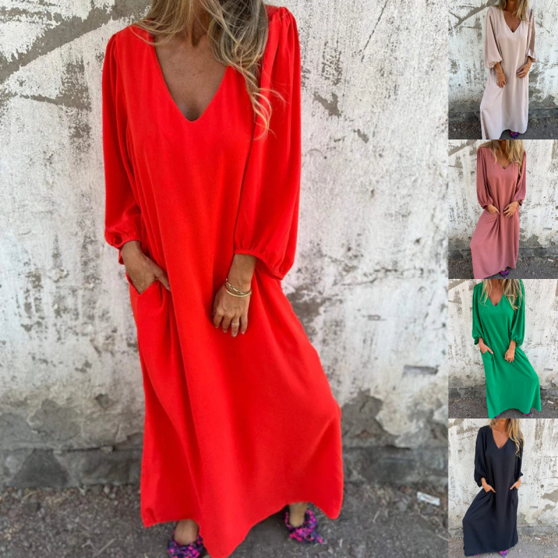 Europe and the United States 2024 Spring and Autumn Foreign Trade Cross-border Leisure Loose V-neck Solid Color Women's Lantern Sleeve dress Multicolor in stock