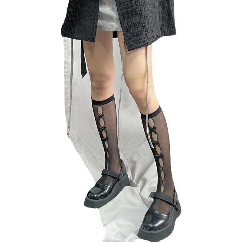 Bow Hole Hollow-out Calf Socks JK Girls Wear Mid-length Socks Bow Hole Hole-out Lolita Stockings