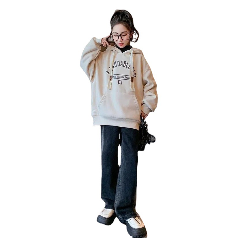 2024 New Girls Korean Style Sweatshirts for Big Children Autumn and Winter Style Western Style Plus Velvet Thickened Fashionable Hooded Warm Tops