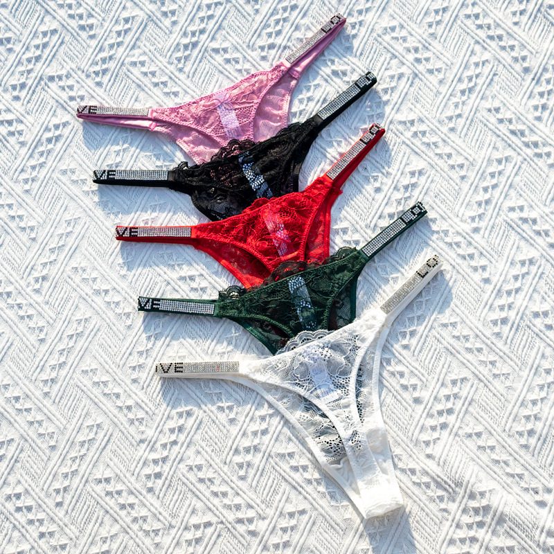 Letter Diamond Decorations Low Waist Lace Women's T-shaped Underwear Perspective Elegant Narrow-sided T-pants Traceless Outer Underwear Women's Underwear