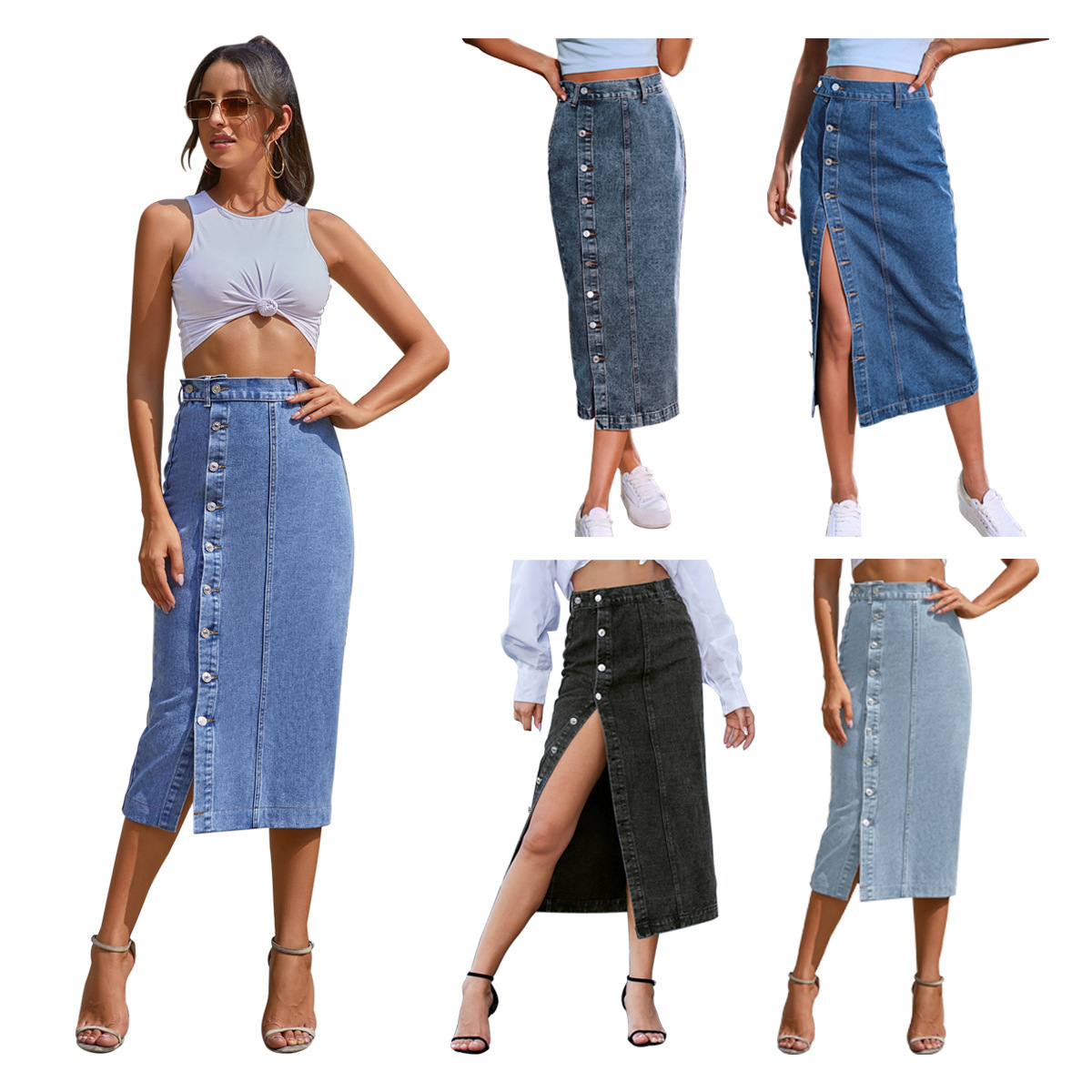Amazon Cross-border Women's Clothing European and American INS Buttons Irregular Split Denim High Waist Half-length Dress