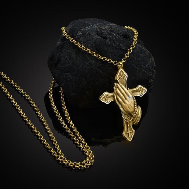 Picture of Zhen Rong wish New Hands Prayer Cross Retro Necklace European and American Plated 925 Thai Silver Black Pendant
